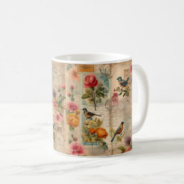 Junk Journal Seite mit Blumen + Vögeln - Kaffemugg