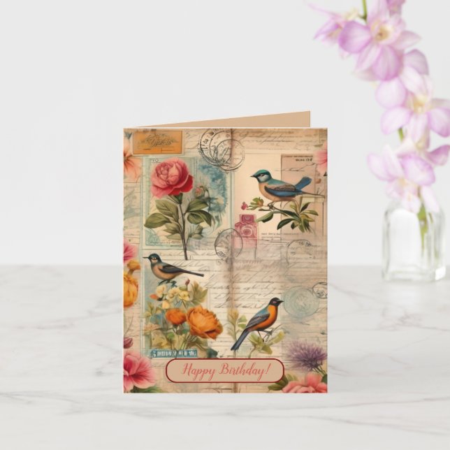 Junk Journal Seite mit Blumen + Vögeln -  Kort (Orkide)