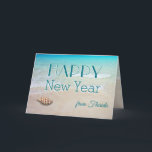 Junonia Beach Gott nytt år Helgdag Card Kort<br><div class="desc">Ett hälsningskort från stranden i gott nytt år som ska skickas från ett varmt klimat. Ta med "från Florida" eller var du än befinner dig, eller ta bort texten på framsidan. En fläckig junonia-årskal sitter på en tropisk strand med blå vatten och liten vinkar rullande in. Det vikta kortet har...</div>