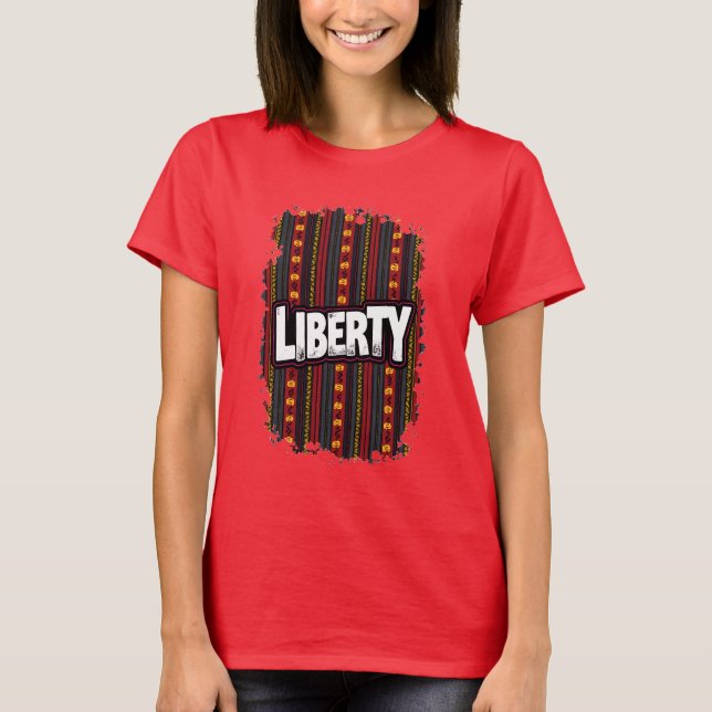 Junttonde ord "LIBERTY" på en afrikansk kente patt T Shirt (Framsida)