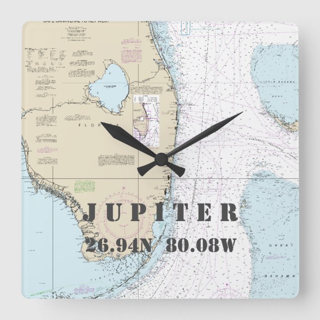 Jupiter FL Latitude Longitud Nautical Chart Fyrkantig Klocka (Framsida)
