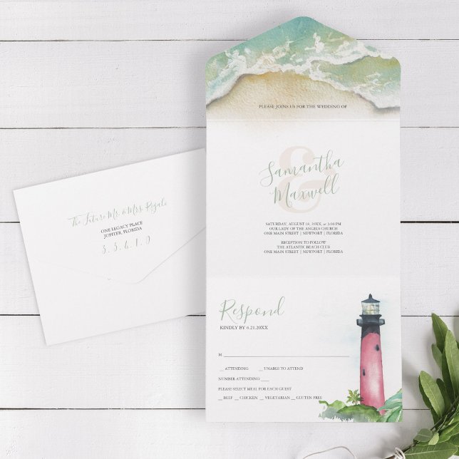 Jupiter Lighthouse Beach Wedding i Florida (All in one beach wedding invitation ocean and lighthouse watercolor art by Victoria Grigaliunas)