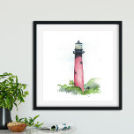 Jupiter Lighthouse Poster<br><div class="desc">Den här vattenfärgsmålningen av den ikoniska Jupiter Lighthouse ger dig en aning tropisk charm till ditt hem. Perfekt för strandskövling i sovrum, kontorsutrymmen eller bostadsområden. biet fångar skönheten i Floridas havsmiljö. De brinnande rödskuggorna i den här strandkonsten gör det till ett utmärkt komplement till varje kustnära eller tropiskt decor. Om...</div>