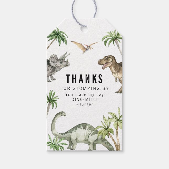 Jurassic akvarell dinosaur födelsedagsfavor presentetikett (Framsidan)