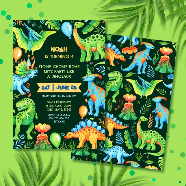 Jurassic Dinosaur Stomp Chomp och Roar Boy Inbjudningar (Prehistoric Watercolor Dinosaur Boys Birthday Invitation)