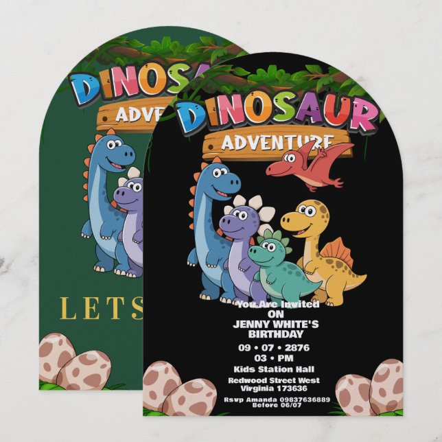 Jurassic Dinosaurer Temat Inbjudan (Fram/baksida)