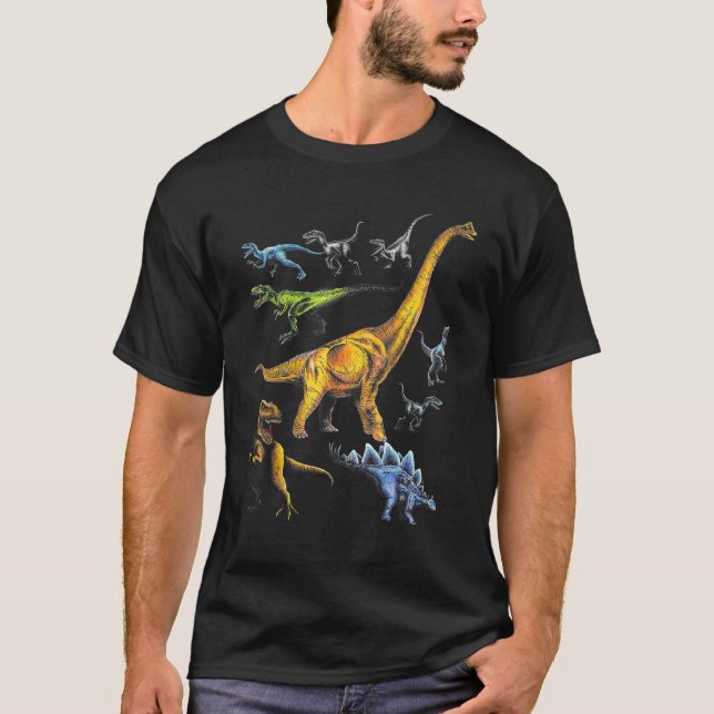 Jurassic Dinosaurs Rex Raptor Stegosaurus T Shirt (Framsida)