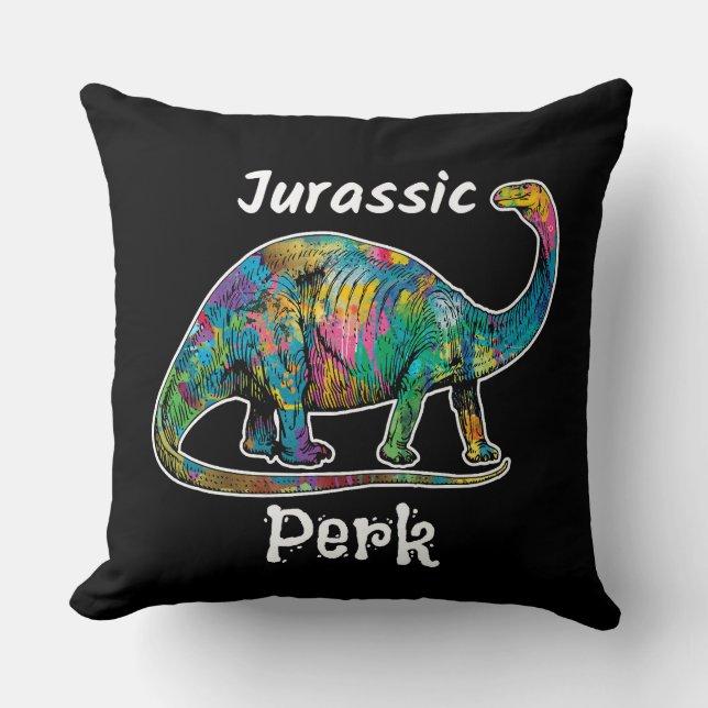 Jurassic Perk Färgglad Dinosaur Svart Kudde (Framsida)
