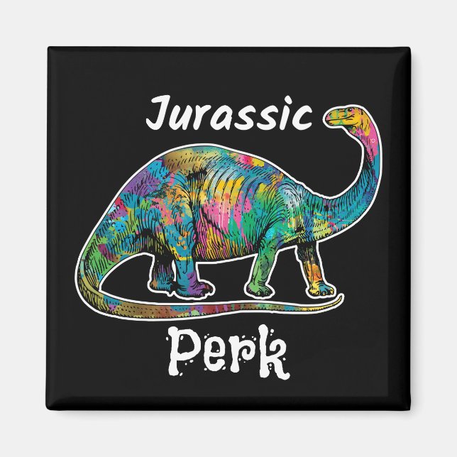 Jurassic Perk Färgglad Dinosaurie Svart Magnet (Framsidan)
