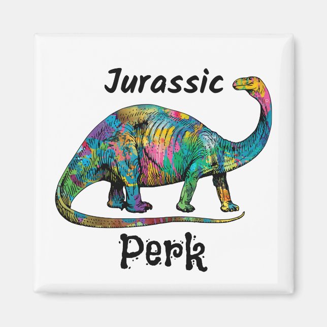 Jurassic Perk Färgglad Dinosaurie Vit Magnet (Framsidan)