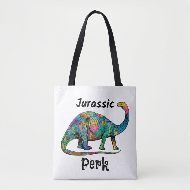 Jurassic Perk Färgglad Dinosaurie Vit Tygkasse (Framsida)