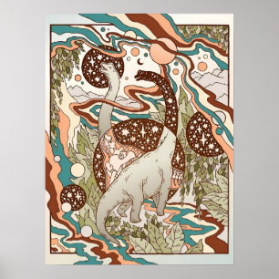 Jurassic Portal Retro Rainbow Palette Dinosaur Poster