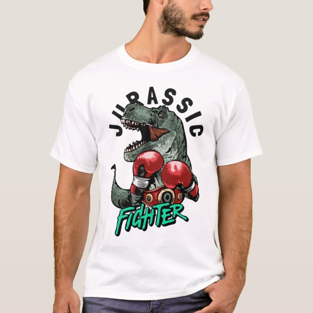 Jurassisk stridsslogan med dinosaurier i boxning t shirt (Framsida)