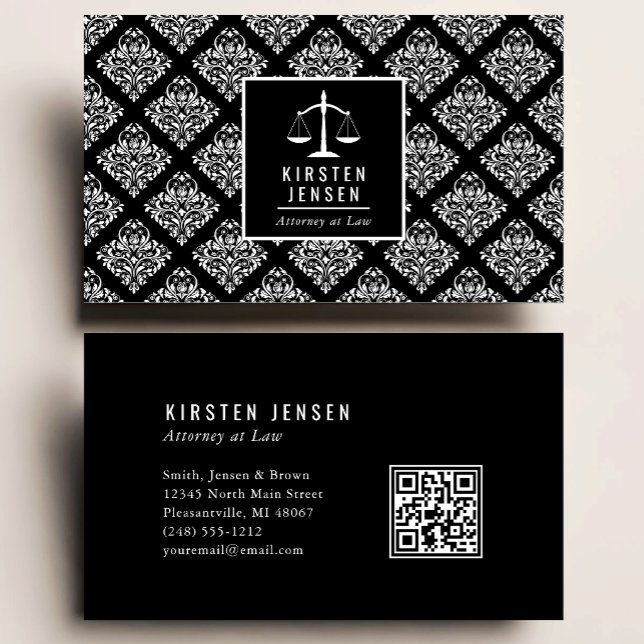 Jurist QR-kod Svart Vit Damaskmönster Visitkort (Skapare uppladdad)