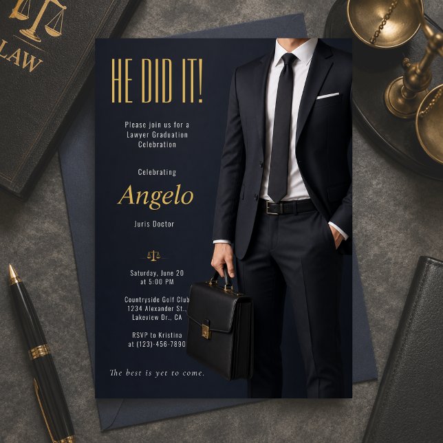 Juristexamen Afish för Examenfest Inbjudningar (Elegant lawyer graduation invitation with luxury navy and gold modern professional style)