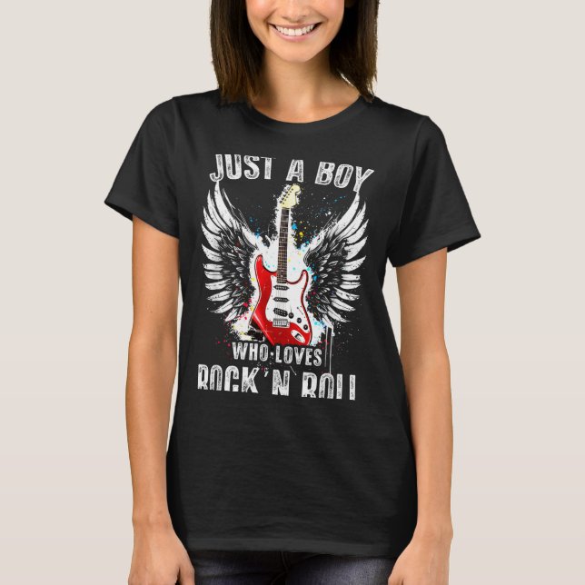 Just A Boy Who Loves Rock And Roll Rock Band Guita T Shirt (Framsida)