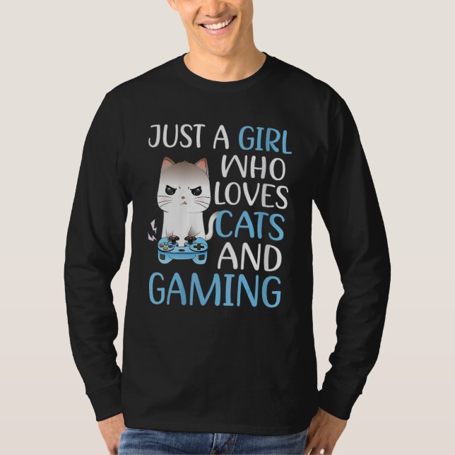 Just A Girl Who Loves Cats And Gaming Girls Gamer  T Shirt (Framsida)