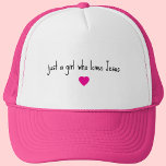 Just a Girl Who Loves Jesus Trucker Hat Keps<br><div class="desc">Show off your faith in style with this "Just a Girl Who Loves Jesus" Trucker Hat! Featuring a clean and simple font with a sweet hot pink heart underneath, this cute Christian trucker cap is perfect for everyday wear. Whether you're running errands, heading to a church event, or spending time...</div>