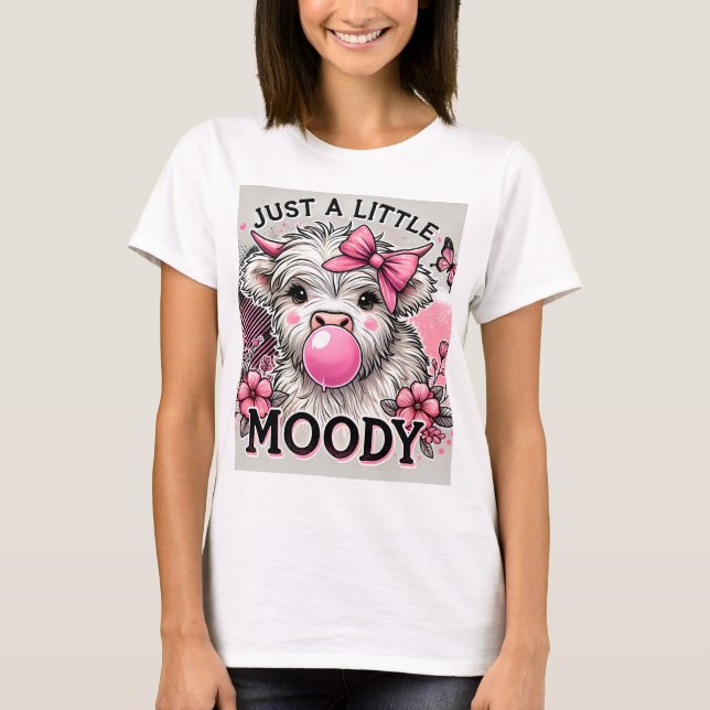 Just A Little Moody Highland Cow Pink Bow T Shirt (Framsida)