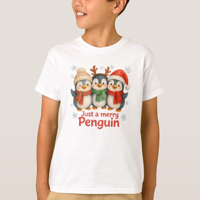 Just a Merry Penguin Kid’s Christmas Shirt T (Framsida)