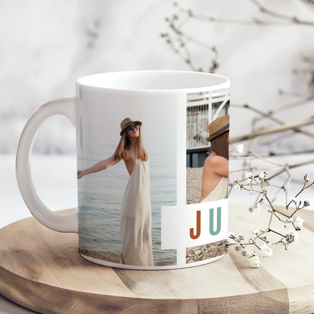 "Just Breathe" Photo Collage Gift Kaffemugg (Just Breathe" Photo Collage Gift Coffee Mug on a boho wooden kitchen table with tiny flowers.)