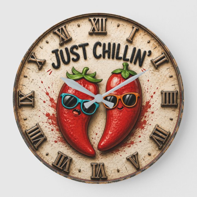 Just Chillin' Funny Chili Pepper Kitchen Humor  Stor Klocka (Framsida)