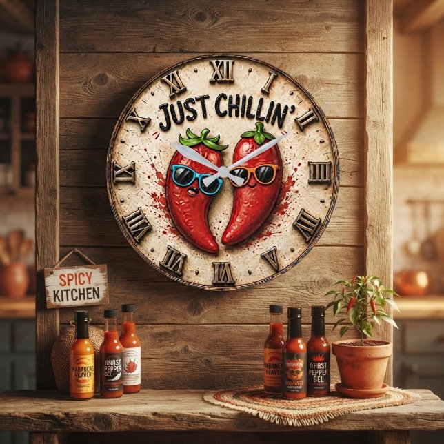 Just Chillin' Funny Chili Pepper Kitchen Humor  Stor Klocka (Skapare uppladdad)