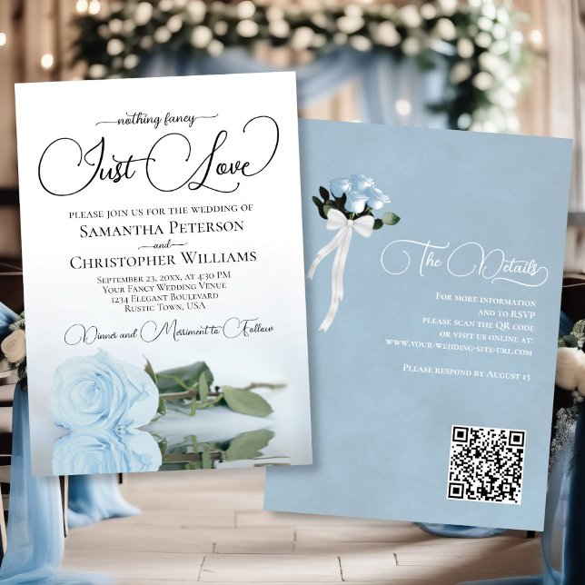 Just Kärlek Blek Dusty Blue Ro QR-koden Bröllop Inbjudningar (Front/Back)