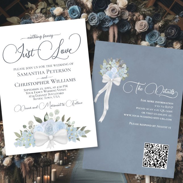 Just Kärlek Dusty Blue Boho Blommigt QR-koden Bröl Inbjudningar (Front/Back)