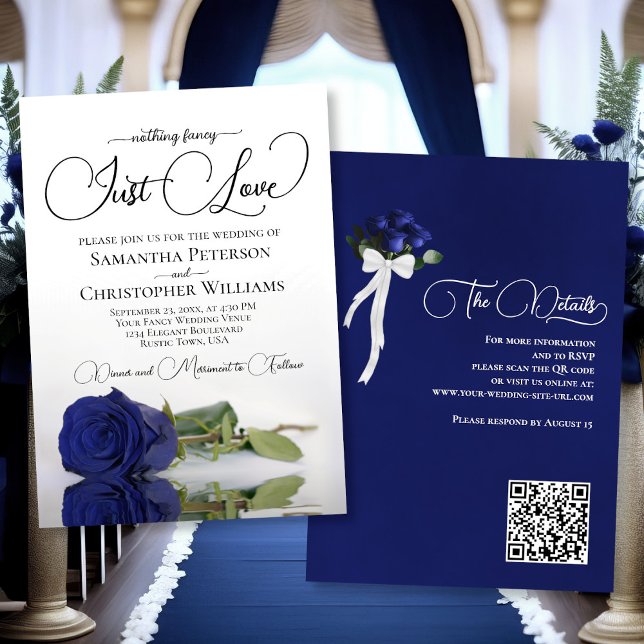 Just Kärlek Elegant, flottan Blue Ro QR-koden Bröl Inbjudningar (Front/Back)