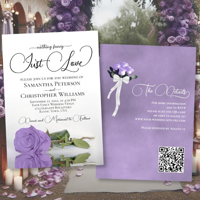 Just Kärlek Elegant Lavender Ro QR-koden Bröllop Inbjudningar (Front/Back)