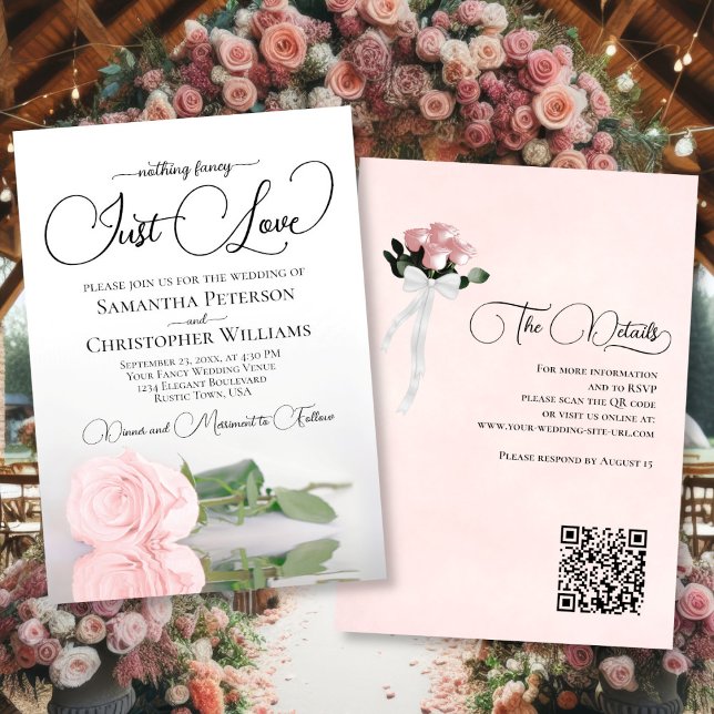 Just Kärlek Elegant  Rosa ros QR-koden Bröllop Inbjudningar (Front/Back)