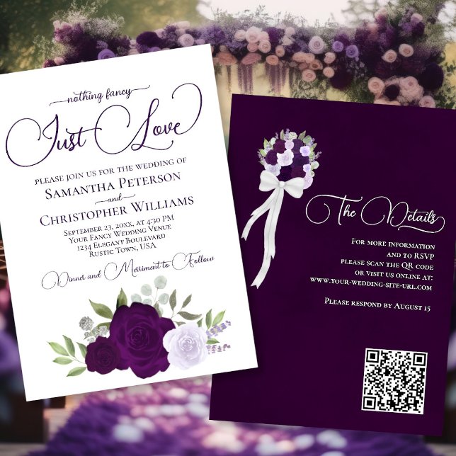 Just Kärlek Lila Ro QR-koden Boho Blommigt Bröllop Inbjudningar (Front/Back)