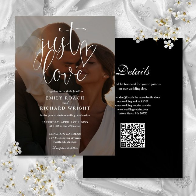 Just Kärlek Modern Script QR-kodfoto Bröllop Inbjudningar (Just Love Modern Script QR Code Photo Wedding Invitation)