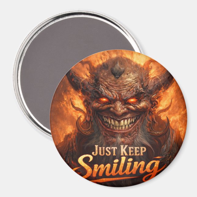 Just Keep Smiling Demon Magnet Button – Dark Humor (Front/Back)