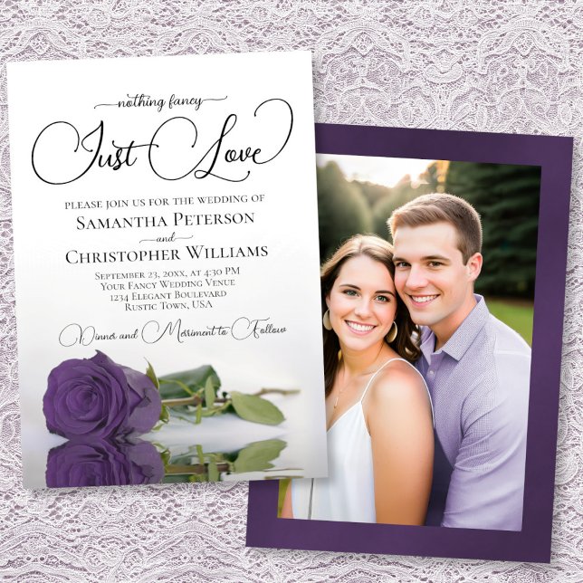 Just Love Elegant Amethyst Rose Wedding Photo Back Inbjudningar (Front/Back)
