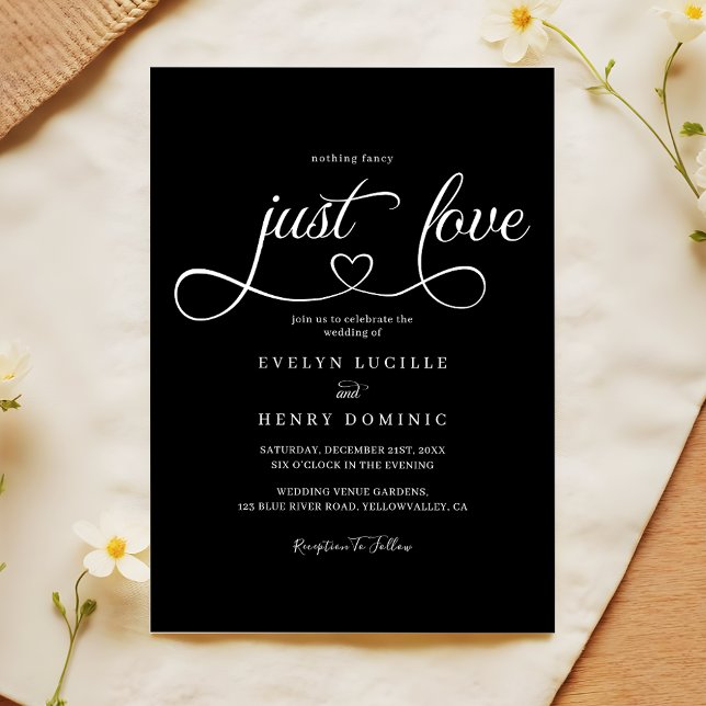 Just Love Heart Script Sleek Black Wedding Inbjudningar (Skapare uppladdad)