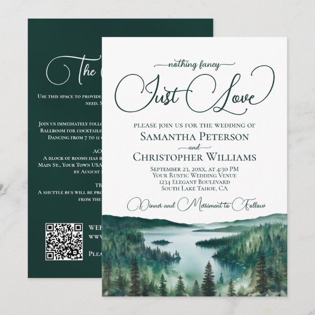 Just Love Rustic Lake Tahoe QR Code Wedding  Inbjudningar (Fram/baksida)