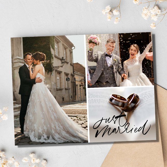 Just Marred 3 Photo Collage Bröllop Tack Vykort (Just Marred 3 Photo Collage Wedding Thank You Postcard)