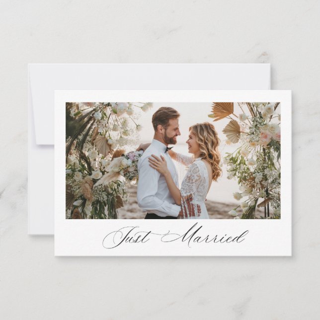 Just Married black script wedding announcement Tack Kort (Framsida)