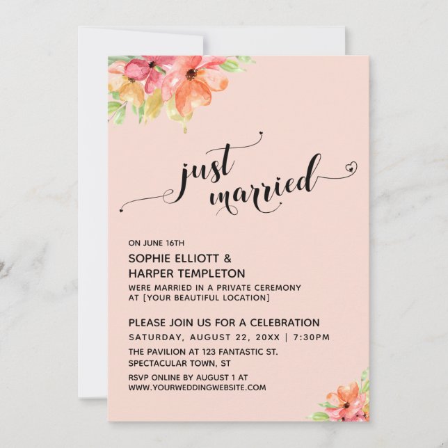 Just Married Hearts Script Blush Boho Blommor Inbjudningar (Framsida)