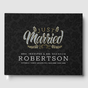 Just married modern glam typografi svart damask gästböcker