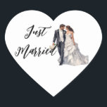 Just Married Sticker Hjärtformat Klistermärke<br><div class="desc">Just Married heart sticker shown with a bride and groom.
Customize this item or buy as shown.


Licensed image</div>