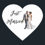 Just Married Sticker Hjärtformat Klistermärke<br><div class="desc">Just Married heart sticker shown with a bride and groom.
Customize this item or buy as shown.


Licensed image</div>
