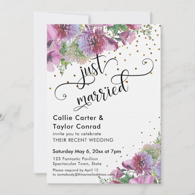 Just Married Typografi Vildblomma Guld Konfetti Inbjudningar (Framsida)