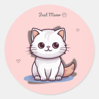 Just Meow Cute White Kitten Sticker | Pink Pastel  Runt Klistermärke