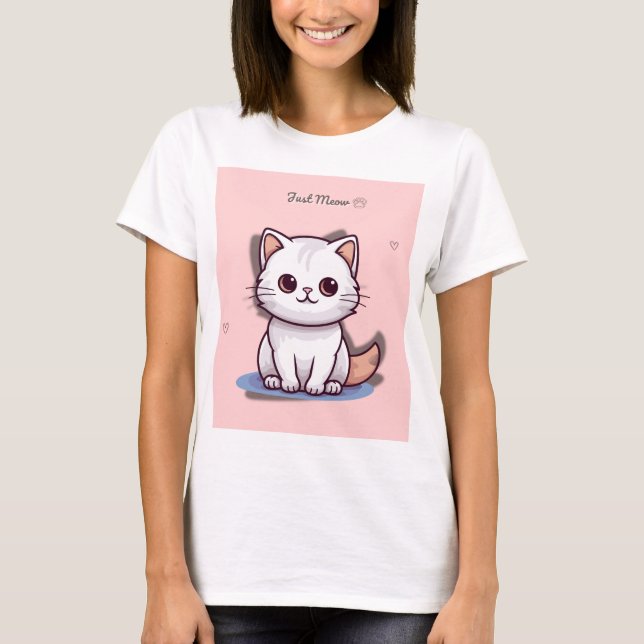 Just Meow Cute White Kitten T-Shirt | Pink Pastel  (Framsida)