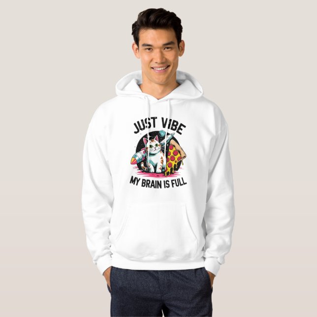 "Just Vibe" - Space Cat & Pizza T-Shirt Hoodie (Hel framsida)