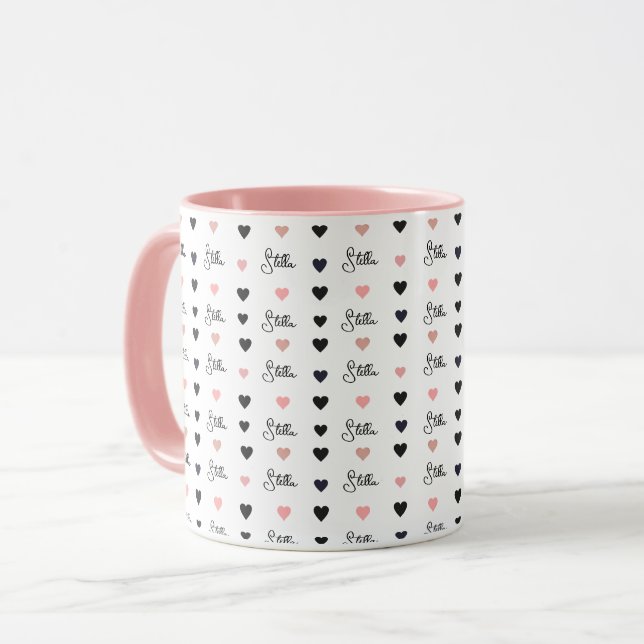 Justerade Rosa Hearts med Namn upprepat Mugg (Framsida vänster)