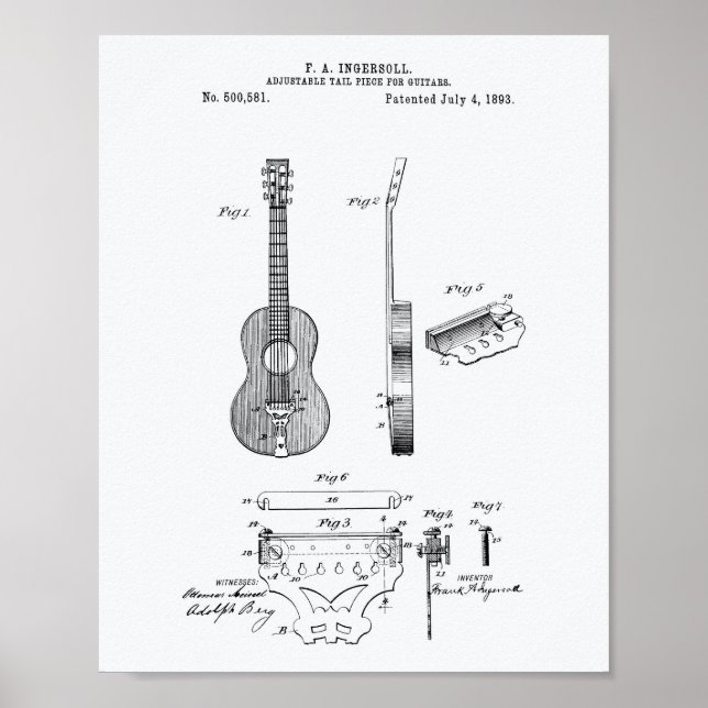 Justerbara gitarrer 1893 Patent Art White Papper Poster (Framsidan)